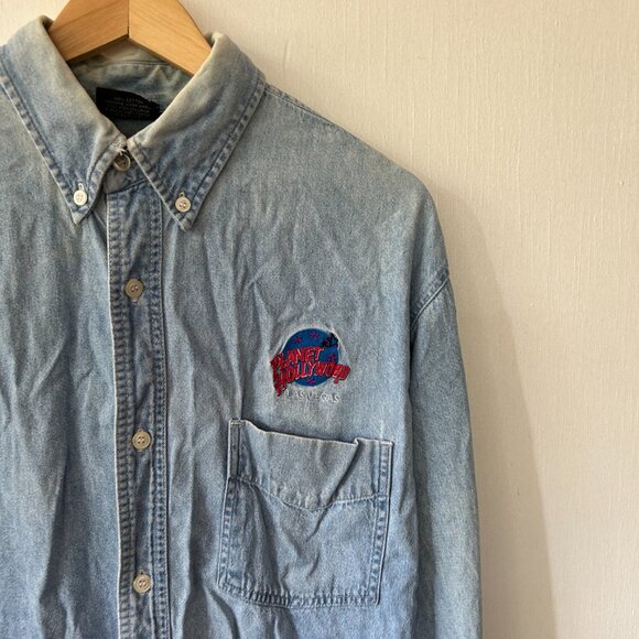 Planet Hollywood Long Sleeve Button Down Shirt Mens Large Denim Shirt Embroidery - Picture 2 of 5